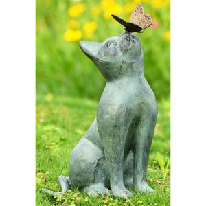 <b>Hand</b> <b>Casted</b> Cat Statue With Butterfly Outdoor Garden Decoration Cat Sculpture Simple Style Green Patina Finish - Product Image 1