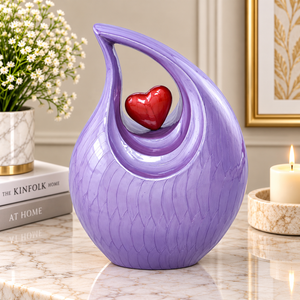 Urne en métal en forme de cœur lavande avec forme de goutte sculptée, porte-cendres commémoratif romantique pour cendres de crémation - Product Image 1