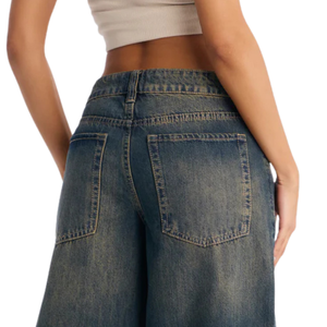 Jean en denim bleu foncé pour femme, coupe large, taille mi-haute, décontracté, ample, 100 % polyester, style vintage, longueur complète, mode quotidienne, XS - Product Image 4