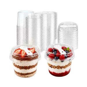 Gobelets à dessert ronds en plastique transparent avec couvercles et cuillères, mini-shooters jetables pour pâtisserie à emporter - Product Image 1