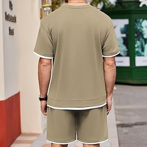 Conjunto de Camiseta de Manga Corta con Cuello Redondo y Pantalones Cortos para Hombre, Color Verde Oliva, Transpirable, con Ribete en Contraste, Ropa Informal de Verano - Product Image 2