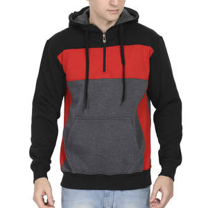 <b>Men's</b> Premium Tri-Tone Streetwear Hoodie | Red Black & Charcoal <b>Quarter</b>-<b>Zip</b> Jacket | Urban Athletic Gym Training Hooded Outfit - Product Image 1