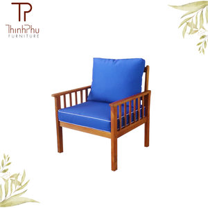 Ensemble de jardin 4 places, mobilier d'extérieur design moderne, résistant aux intempéries, coussins bleus, structure en bois massif pour villa et hôtel - Product Image 4