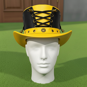 Premium quality custom made Handmade Yellow Leather Black Corset Top <b>Hat</b> Gothic Steampunk Style <b>Hats</b> - Product Image 3