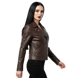 Chaqueta de Motociclista de Cuero Marrón Oscuro de Marca Personalizada para Mujer, Precio de Fábrica al por Mayor, Estilo Motero Genuino, Abrigo para Mujer, OEM ODM - Product Image 1