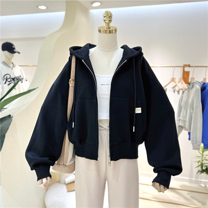 เสื้อฮู้ดซิปผู้หญิงทรงโอเวอร์ไซส์ สีพื้น ไหล่ตก ความยาวสั้น ผ้าถักผสมคอตตอน สไตล์ลำลองสำหรับฤดูใบไม้ร่วง - Product Image 2