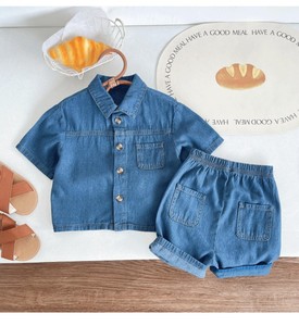 Denim Short Sleeve Shirt With Shorts Set For Kids Casual Wear Solid Color Turn-down Collar Pockets Regular - Product Image 3