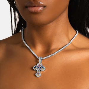 Luxury Multicolor Gemstone Cross Pendant | Iced Out White Gold Religious Cross <b>Charm</b> | Hip Hop Pendant for Men & Women - Product Image 1