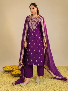 Bohobi - Vestido de Mujer Morado Tejido Natural Muktalif, Elegante, Silueta en A, Corte Ajustado, Lavable, Viscosa, Seda Cruda, Organza, Largo hasta el Tobillo - Product Image 4
