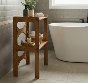 Étagère de salle de bain en bois à 3 niveaux, design minimaliste, unité de rangement avec barre porte-serviettes, organisateur gain de place pour les essentiels de bain - Product Image 3