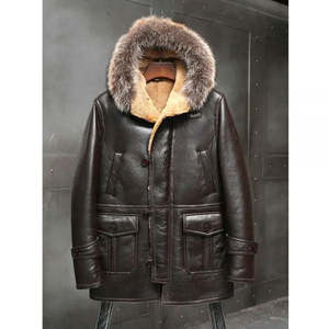 Veste d'hiver pour homme en cuir véritable marron avec capuche en fourrure, rembourrage en duvet, coupe-vent, style décontracté, coupe régulière - Product Image 2