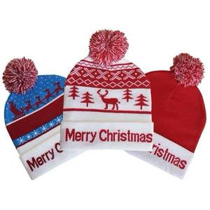 Merry Christmas Beanie <b>Hat</b> With Pom Pom Red White Blue Reindeer Tree Pattern Unisex Adult Winter Knit <b>Cap</b> - Product Image 1