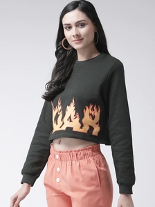 Sudadera de Cuello Redondo para Mujer, Estampado de Llamas Negras, Corte Regular, Manga Larga, Informal, Tejida, 100% Algodón, Ropa de Otoño - Product Image 4