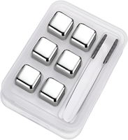 Pierres à whisky en acier inoxydable, 6 pièces avec boîte en plastique, glaçons réutilisables pour whisky, cocktail, vin, accessoires de bar