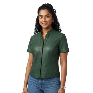 Camisa de Manga Corta de Cuero Genuino Premium para Mujer, Cuello Alto, Corte Regular, Cierre de Botones Delanteros, Cuero Suave, Formal, Verano - Product Image 6