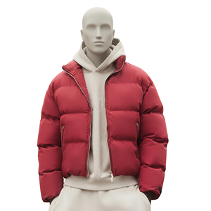 Mens Red Padded Puffer Jacket Hood Zipper Closure Winter <b>Bubble</b> <b>Coat</b> Waterproof Embroidery Warm Insulated Outerwear Fashion - Product Image 1