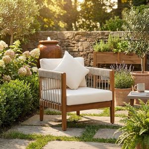 Sillón de Exterior Moderno de Madera de Acacia con Respaldo Curvo y Detalles de Cuerda Tejida a Mano, Silla Impermeable para Jardín y Piscina - Product Image 1