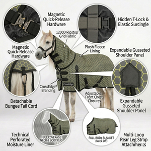 Couverture équestre personnalisée CrossEdge, tapis de cheval 600D Ripstop, couverture anti-mouches pour cheval avec fermeture à double boucle, tapis d'écurie coupe-vent - Product Image 2