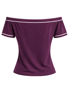 T-shirt femme violet prune à épaules dénudées avec bordure rayée blanche, manches courtes, coupe ajustée, décontracté, haut d'été, fabricant OEM personnalisé - Product Image 4
