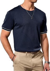 Camiseta de Manga Corta para Hombre, Color Azul Marino, Cuello Redondo, con Ribete en Contraste, Corte Regular, Estilo Casual, de Algodón Tejido - Product Image 2