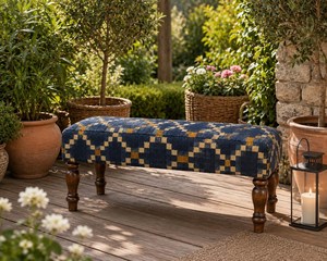 Rustic Blue Upholstered <b>Bench</b> Handmade Wool Jute Wooden Farmhouse Entryway Ottoman Bedroom End of Bed Accent <b>Seating</b> - Product Image 3