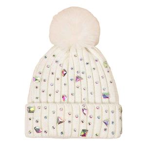 <b>Top</b> Quality Women Winter Warm Hats Soft Wool Knit Beanie Hats Pom Pom <b>Woolen</b> Hat With Rhinestones For Ladies Custom Design - Product Image 1