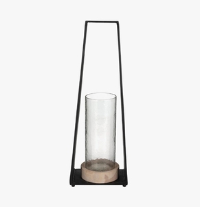 Tall Black Metal Frame <b>Hurricane</b> Candle Holder with Wood Base & Glass Cylinder - Modern Floor <b>Lantern</b> for Pillar Candles Home De - Product Image 1