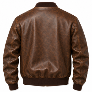 Blouson aviateur pour homme en cuir d'agneau 100% véritable |   Blouson vintage marron à fermeture éclair, col montant, logo embossé, poches utilitaires, style moto - Product Image 2