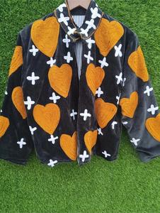 Luxury Black <b>Velvet</b> Embroidered Suzani <b>Jacket</b> With Yellow Heart Pattern Full Sleeve Stand Collar Handmade Folk Art Winter Coat - Product Image 1