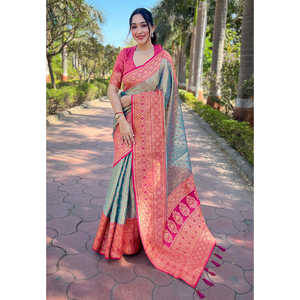 Sari tissé en tissu gris pur Elite Weaves avec des tissages contrastés, robes de soirée élégantes - Product Image 3