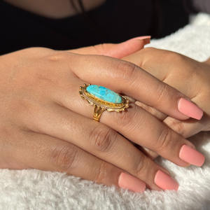 Anillo de Turquesa en Plata de Ley 925 Chapado en Oro, Anillo de Joyería Boho, Anillos de Moda, Estilo Vintage, Forma Ovalada, Anillos con Piedras Preciosas Florales - Product Image 4