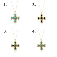 Pendentif Croix Catholique Religieuse Mode Joyas en Onyx Vert, Multiples Pierres Précieuses et Perles, avec Accent CZ Noir, Plaqué Or 18K, Laiton Massif, Classique