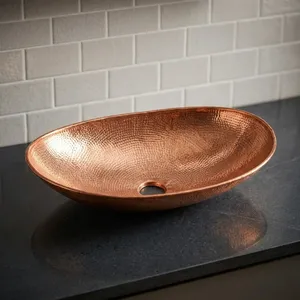 Hammered Copper Vessel Sink Oval Unlacquered <b>Bathroom</b> Sink Handmade Copper Wash Basin <b>Rustic</b> Luxury <b>Vanity</b> Basin For Home Hotel - Product Image 5