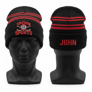 TAISON SPORTS Bonnet de hockey sur glace en laine tricotée 280 GSM Premium Noir Rouge avec revers côtelé Logo brodé personnalisé Réglable Chaud - Product Image 1