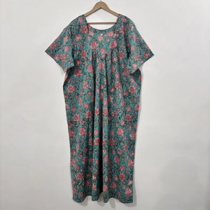 Vestido Kaftán de Algodón Indio con Cuello en V, Estilo Boho, Hecho a Mano con Estampado de Bloques, Manga Murciélago, Borde en Contraste, Corte Acampanado de Verano para Mujer - Product Image 2