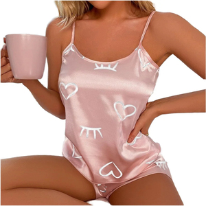 Women's Silk Satin 2-Piece Heart Print Sleepwear Set Sleeveless <b>Spaghetti</b> Strap Shorts Pajamas Summer Sexy Smooth Fit - Product Image 5