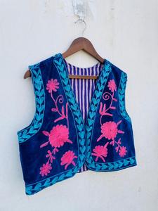 Artisan <b>Blue</b> Velvet Cotton Suzani Floral Lightweight <b>Women's</b> Embroidered Bohemian Ethnic Sleeveless Vest Coat <b>Waistcoat</b> - Product Image 4