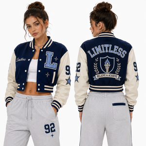 Chaqueta Corta Universitaria para Mujer de Marca Privada, Cuerpo de Lana y Mangas de Cuero, para Ropa Deportiva Universitaria, Logotipo Personalizado, Pedido al por Mayor, Directo de Fábrica - Product Image 4