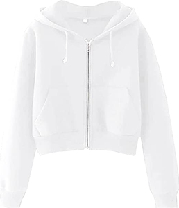 Women's Black <b>Cropped</b> Hoodie <b>Zip</b>-<b>Up</b> Sweatshirt Full Sleeve Solid Color Knitted Cotton Autumn Wear Casual Style - Product Image 2