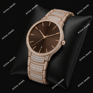 Brown Dial Rose Gold <b>Diamond</b> Iced Out Luxury <b>Watch</b> Stainless Steel Bracelet Fashion Timepiece - Product Image 3