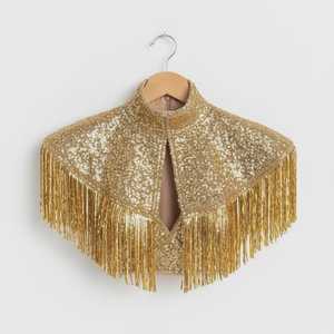 Poncho de diseñador para adultos con cuentas y cristales bordados, tela de organza antiestática, flecos hechos a mano, transpirable, para uso nocturno, con perlas en la parte delantera. - Product Image 5