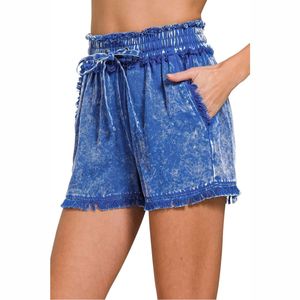 Shorts de mezclilla naranja de cintura alta personalizados de alta calidad al por mayor con dobladillo deshilachado, estilo casual de verano, desgastados y sin rematar - Product Image 6