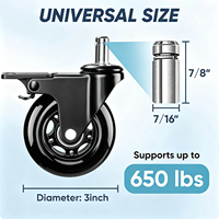 Roulettes pivotantes universelles de remplacement 11x22mm 3 pouces avec tige d'insertion en PU, capacité de charge 50kg, roulement à rouleaux durable pour mobilier de gym