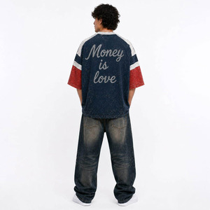 Custom <b>Men</b> Navy <b>Red</b> Cream Color Block Raglan Acid Wash <b>T</b>-<b>Shirt</b> Skull Money Rhinestone Graphic Script Slogan Print Oversized - Product Image 5