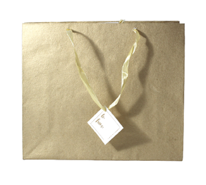 Wholesale Handmade Recycled Cotton Paper Metallic Golden Base Embossed Flexiloop Handles Matching Satin Ribbon Tag Gift <b>Bag</b> - Product Image 3