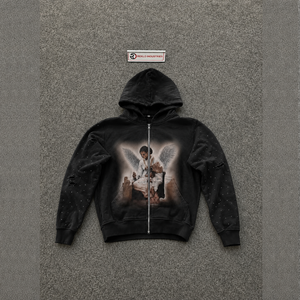 Sweat à capuche zippé noir style streetwear avec motif ange, imprimé ange, en polaire oversize, décontracté, à manches classiques, pour l'automne, MOD - Product Image 5