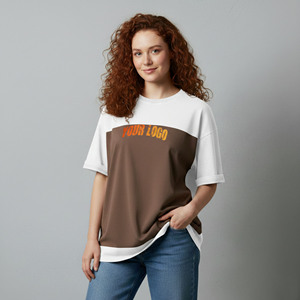 Camiseta de mujer OEM Streetwear de hombros caídos, fina, 100% algodón, cuello redondo, alta calidad, bicolor, transpirable, ecológica, con logo personalizado. - Product Image 4