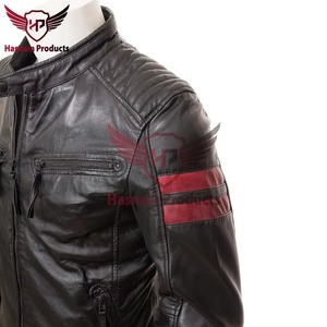 Chaqueta de Cuero Genuino Negra para Hombre, Estilo Motero, Cafe Racer, con Franja Roja de Carreras, Hombros Acolchados, Ropa Vintage Personalizada - Product Image 3