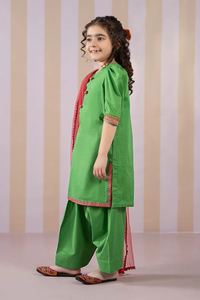Ensemble 3 pièces décontracté pour femme, sans manches, en soie et coton, uni, avec kameez et shalwar plissé à bordure, idéal pour les fêtes et mariages, à prix raisonnable - Product Image 2