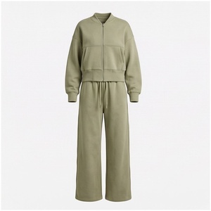 Ensemble de survêtement pour femmes 100% coton, couleur unie, fermeture éclair sur le devant, manches longues, coupe ample, pantalon de jogging décontracté et veste, vêtements d'automne - Product Image 1